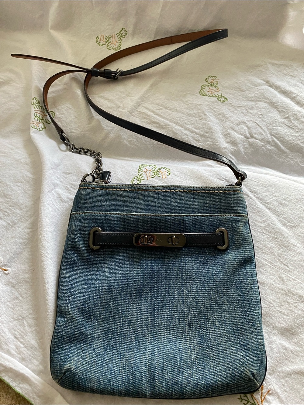 Coach Swagger  Denim / Leather Crossbody Bag with Black Leather Trim